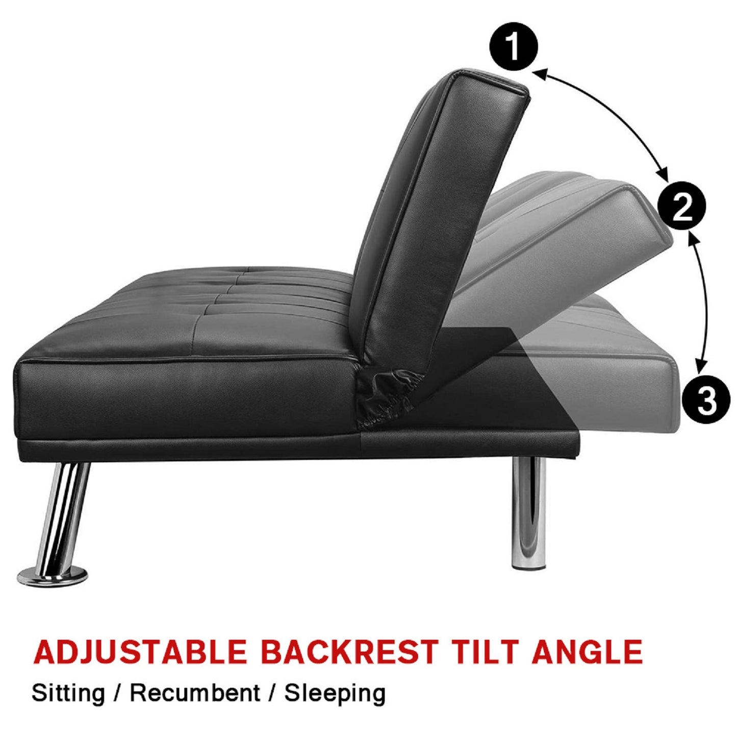 MEGA Futon Sofa Bed, Modern Faux Leather Convertible Folding Lounge Sofa for Living Room with 2 Cup Holders Removable Soft Armrests and Sturdy Metal Legs, Charming Black. image 4