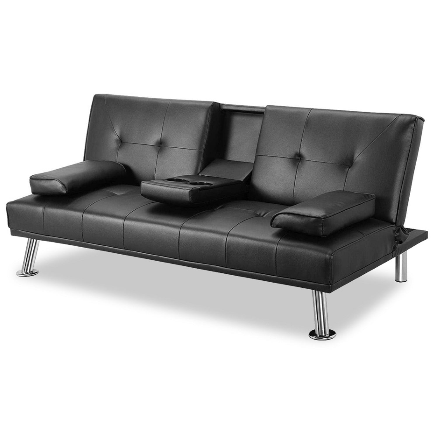 MEGA Futon Sofa Bed, Modern Faux Leather Convertible Folding Lounge Sofa for Living Room with 2 Cup Holders Removable Soft Armrests and Sturdy Metal Legs, Charming Black. image 7