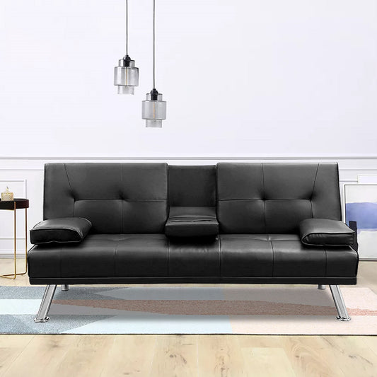 MEGA Futon Sofa Bed, Modern Faux Leather Convertible Folding Lounge Sofa for Living Room with 2 Cup Holders Removable Soft Armrests and Sturdy Metal Legs, Charming Black. image 1