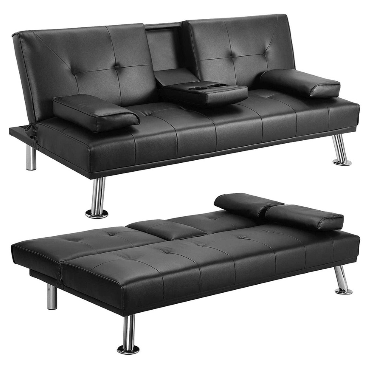 MEGA Futon Sofa Bed, Modern Faux Leather Convertible Folding Lounge Sofa for Living Room with 2 Cup Holders Removable Soft Armrests and Sturdy Metal Legs, Charming Black. image 5