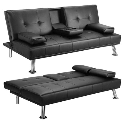 MEGA Futon Sofa Bed, Modern Faux Leather Convertible Folding Lounge Sofa for Living Room with 2 Cup Holders Removable Soft Armrests and Sturdy Metal Legs, Charming Black. image 5