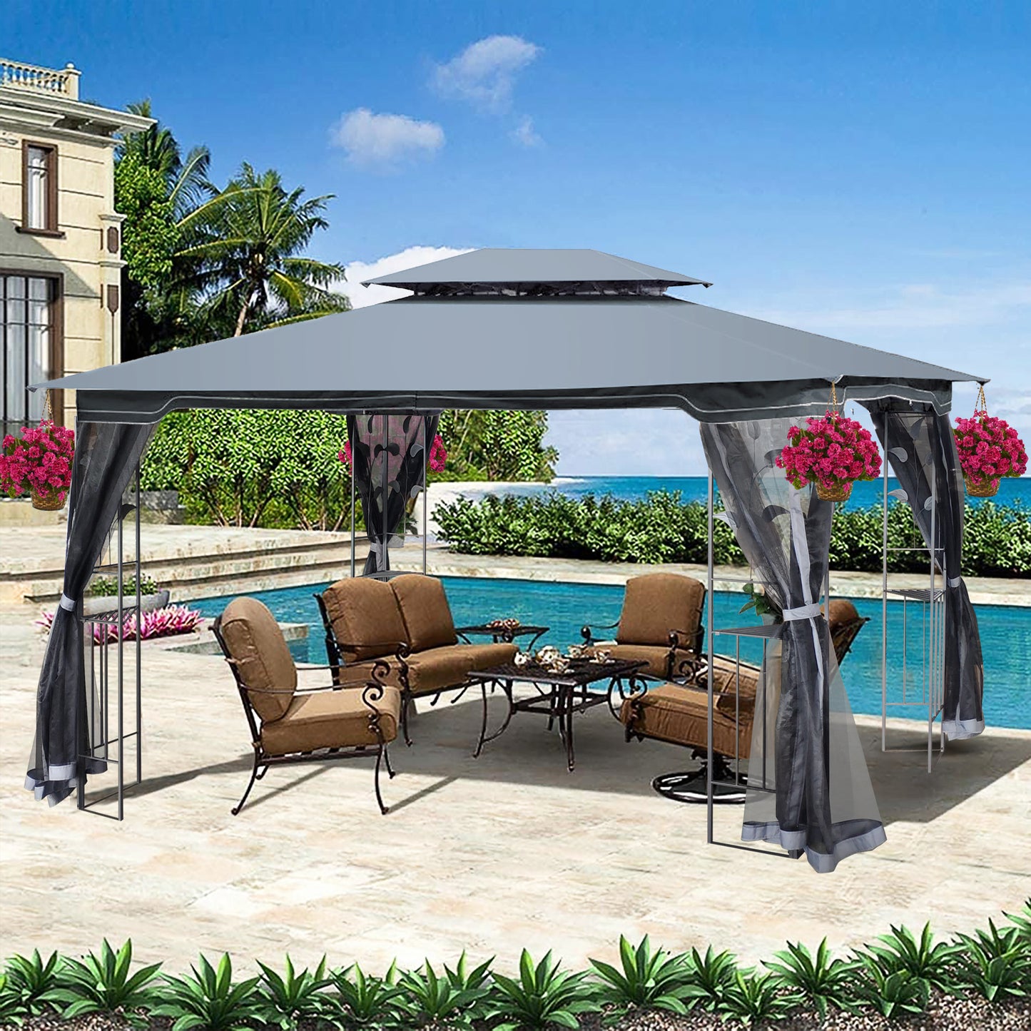 13x10 Outdoor Patio Gazebo Canopy Tent With Ventilated Double Roof And Mosquito net(Detachable Mesh Screen On All Sides),Suitable for Lawn, Garden, Backyard and Deck,Gray Top image 2