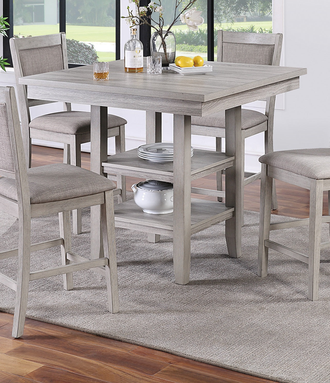 Dining Room Furniture Counter Height 5pc Set Square Table w Shelves Cushion Chairs Modern Style Rustic Grey image 5