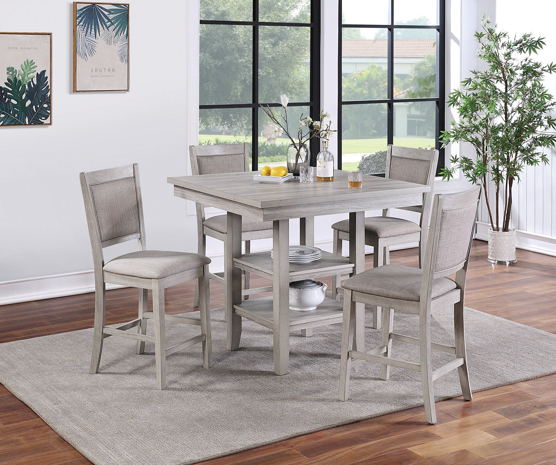 Dining Room Furniture Counter Height 5pc Set Square Table w Shelves Cushion Chairs Modern Style Rustic Grey image 2
