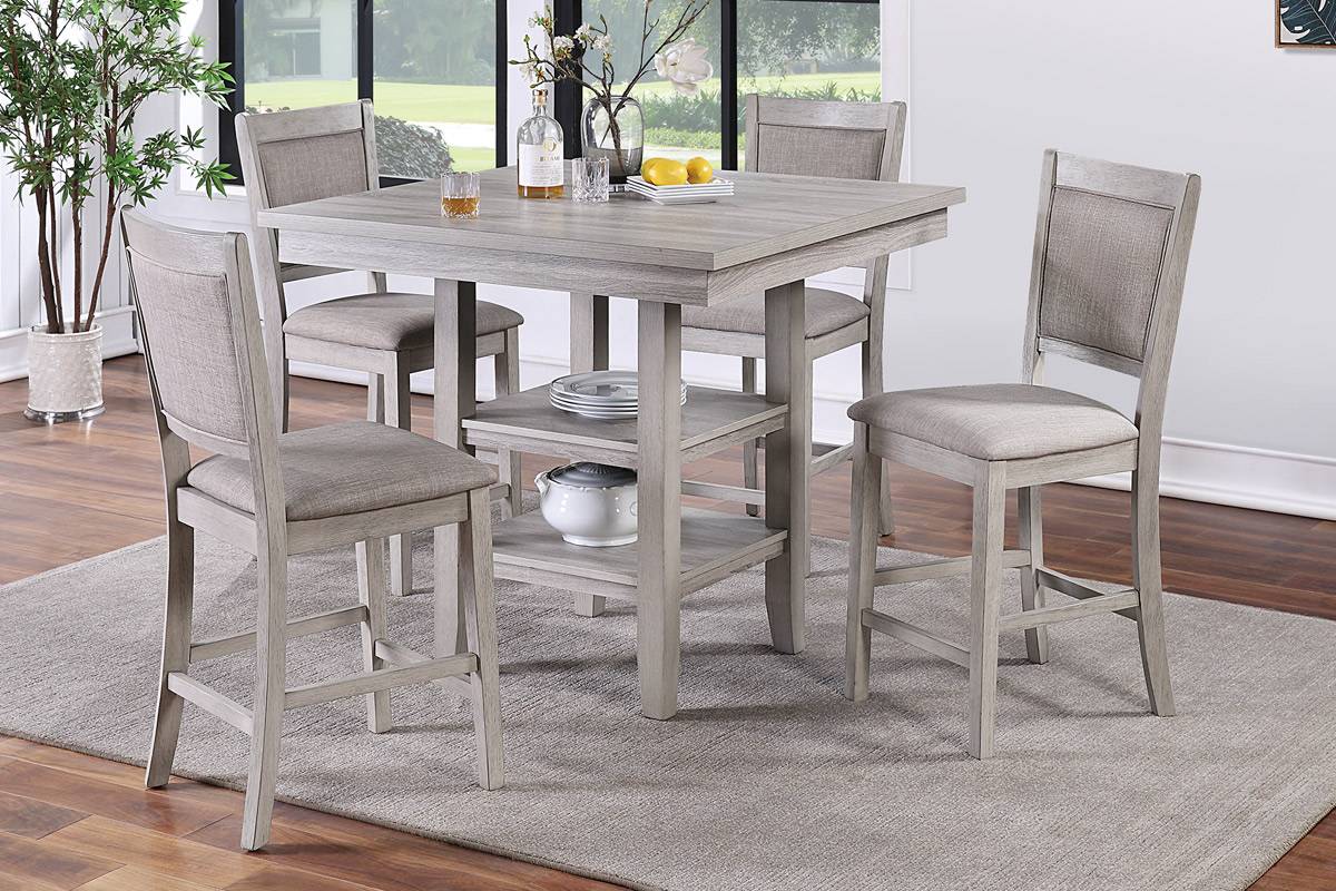 Dining Room Furniture Counter Height 5pc Set Square Table w Shelves Cushion Chairs Modern Style Rustic Grey image 7