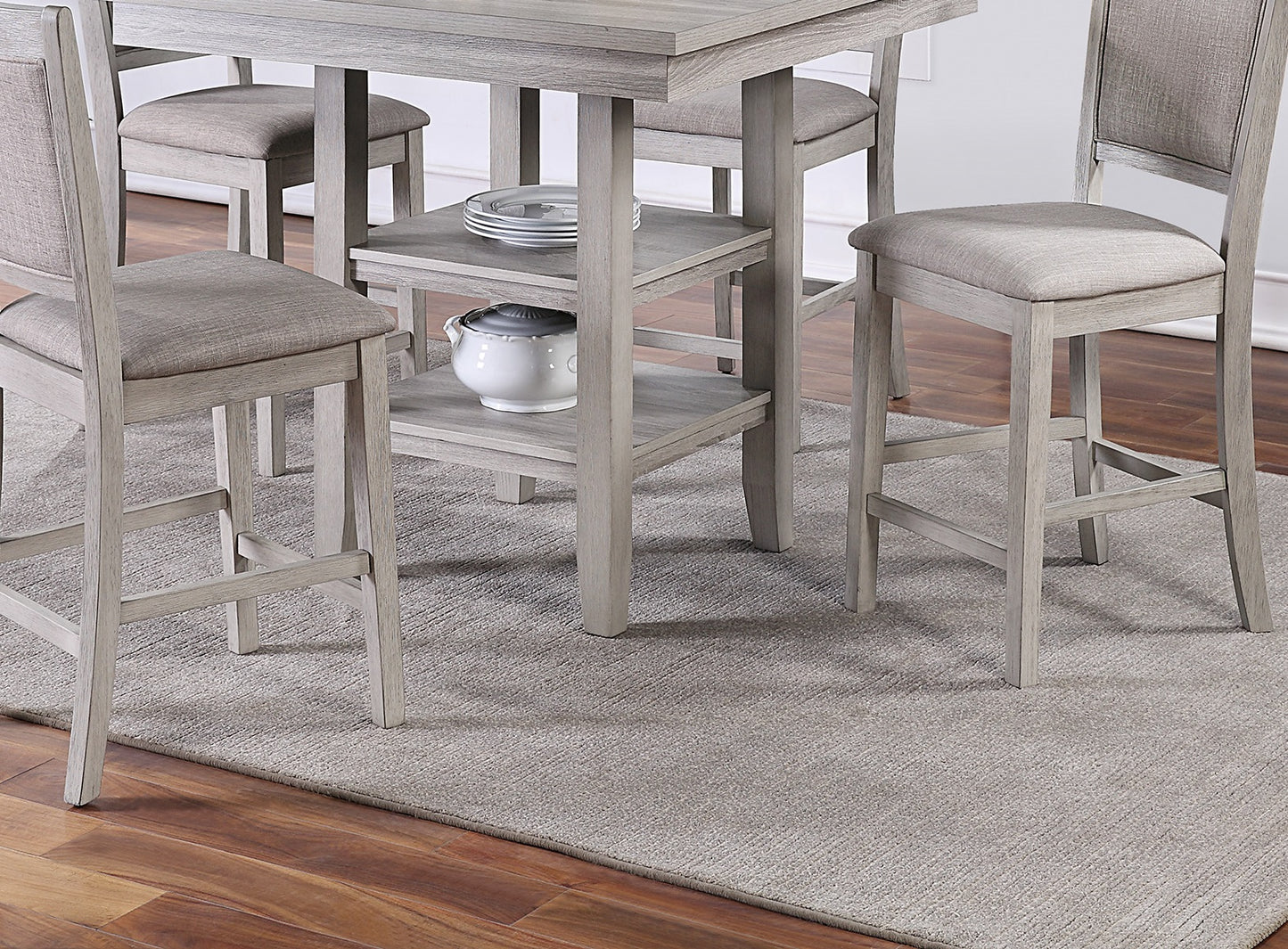 Dining Room Furniture Counter Height 5pc Set Square Table w Shelves Cushion Chairs Modern Style Rustic Grey image 3
