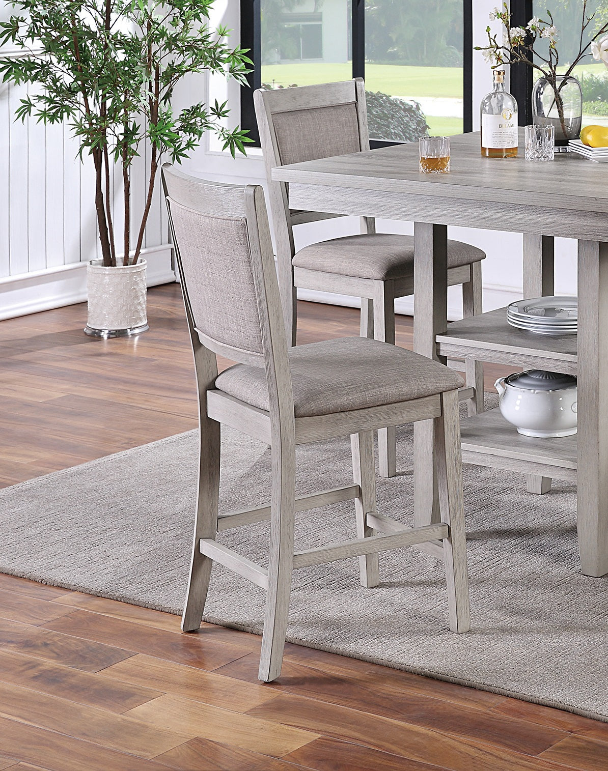 Dining Room Furniture Counter Height 5pc Set Square Table w Shelves Cushion Chairs Modern Style Rustic Grey image 6