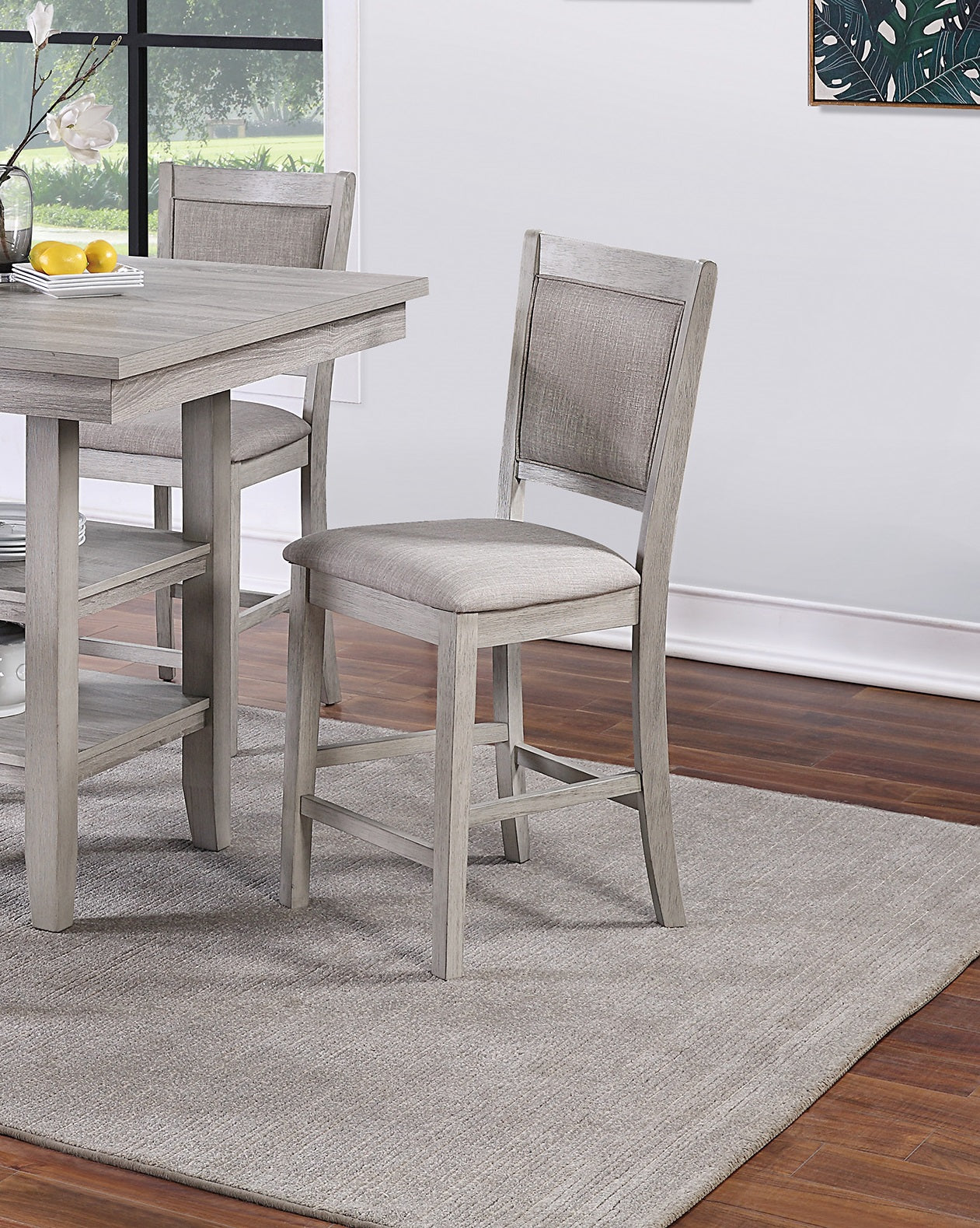 Dining Room Furniture Counter Height 5pc Set Square Table w Shelves Cushion Chairs Modern Style Rustic Grey image 4