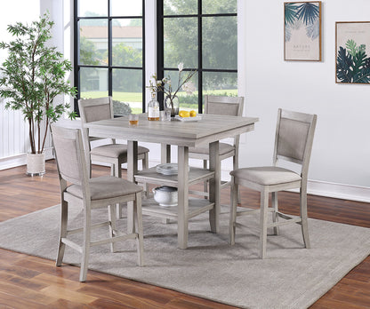 Dining Room Furniture Counter Height 5pc Set Square Table w Shelves Cushion Chairs Modern Style Rustic Grey image 1