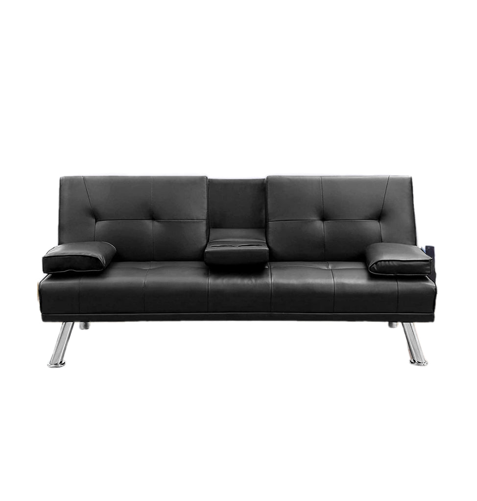 MEGA Futon Sofa Bed, Modern Faux Leather Convertible Folding Lounge Sofa for Living Room with 2 Cup Holders Removable Soft Armrests and Sturdy Metal Legs, Charming Black. image 8