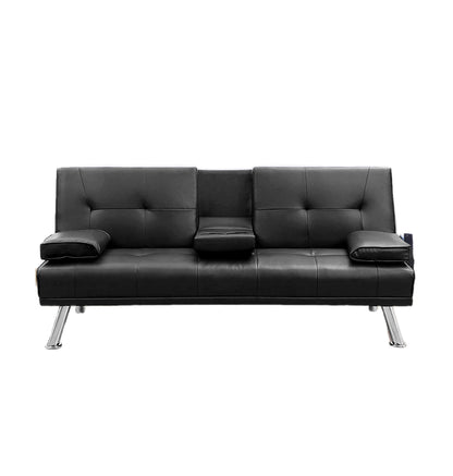 MEGA Futon Sofa Bed, Modern Faux Leather Convertible Folding Lounge Sofa for Living Room with 2 Cup Holders Removable Soft Armrests and Sturdy Metal Legs, Charming Black. image 8