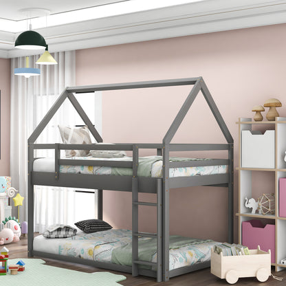 Twin over Twin Low Bunk Bed, House Bed with Ladder, Gray(OLD SKU:WF197808AAE) image 1