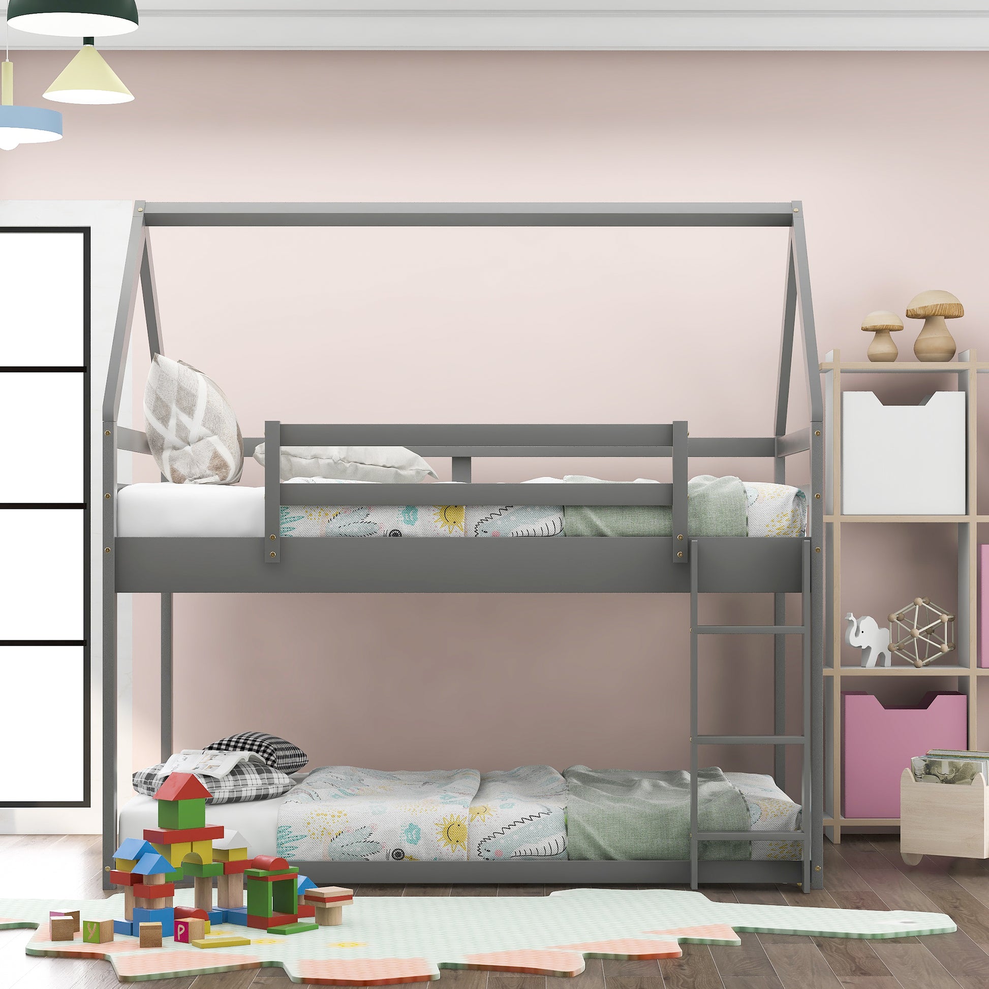 Twin over Twin Low Bunk Bed, House Bed with Ladder, Gray(OLD SKU:WF197808AAE) image 2