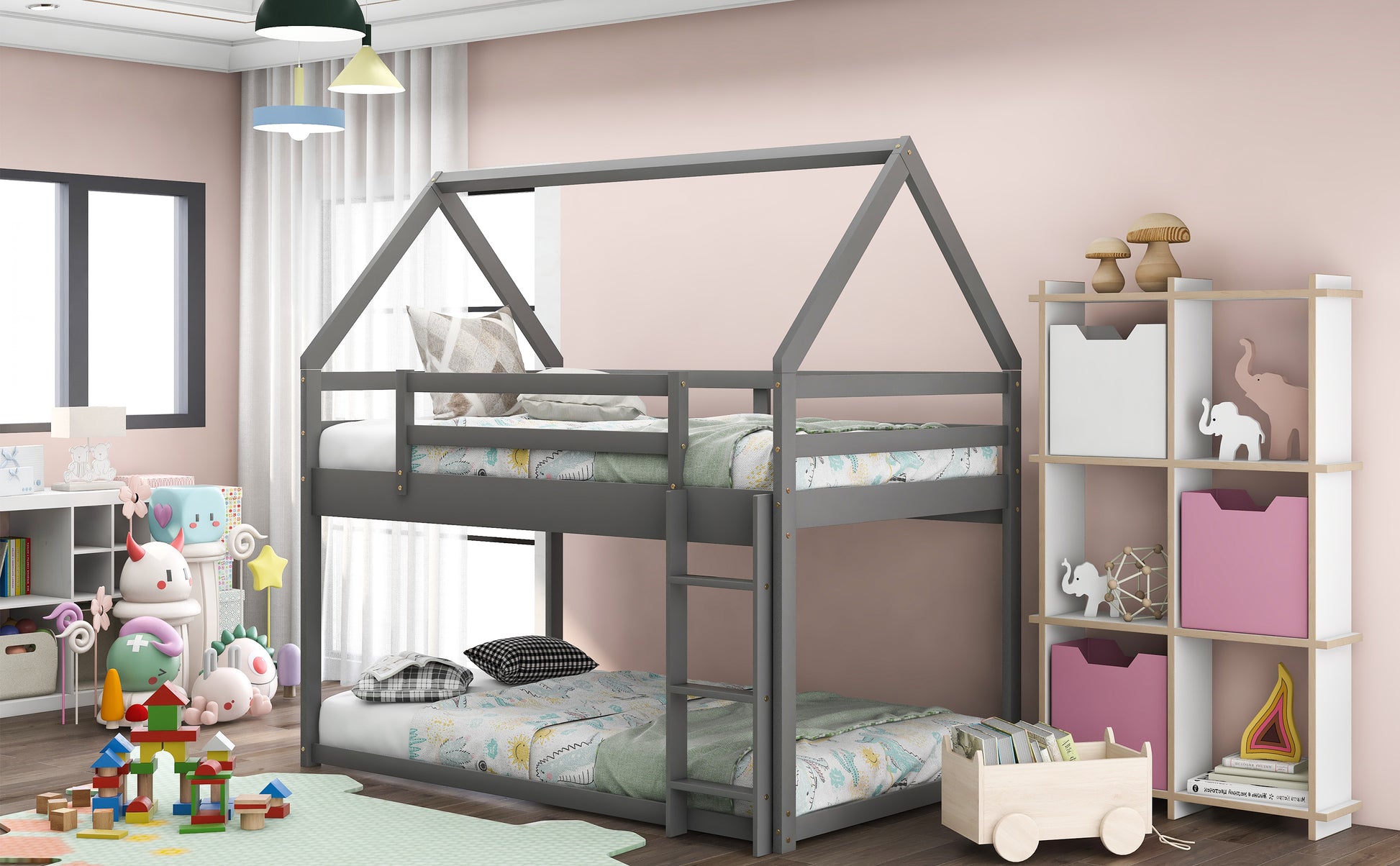 Twin over Twin Low Bunk Bed, House Bed with Ladder, Gray(OLD SKU:WF197808AAE) image 4