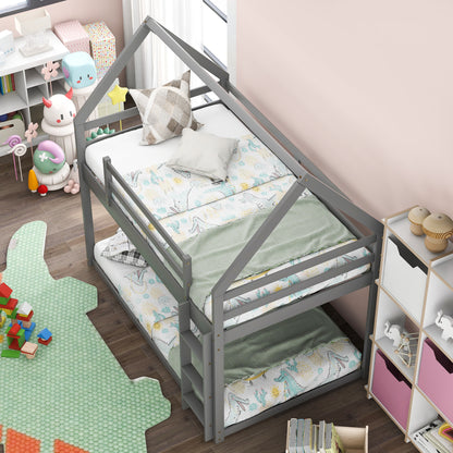Twin over Twin Low Bunk Bed, House Bed with Ladder, Gray(OLD SKU:WF197808AAE) image 3