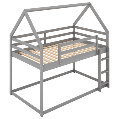 Twin over Twin Low Bunk Bed, House Bed with Ladder, Gray(OLD SKU:WF197808AAE) image 11