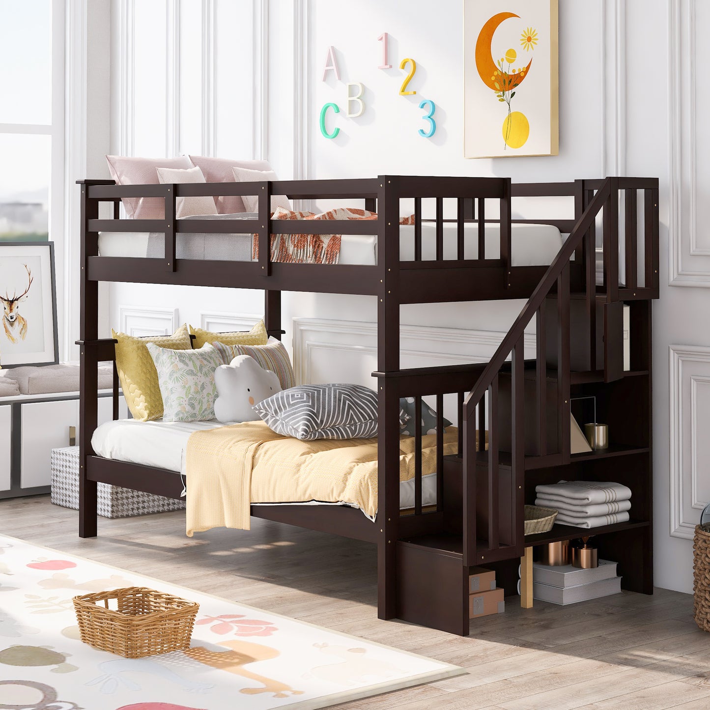 Stairway Twin-Over-Twin Bunk Bed with Storage and Guard Rail for Bedroom, Dorm, Espresso color(OLD SKU:LT000109AAP) image 1