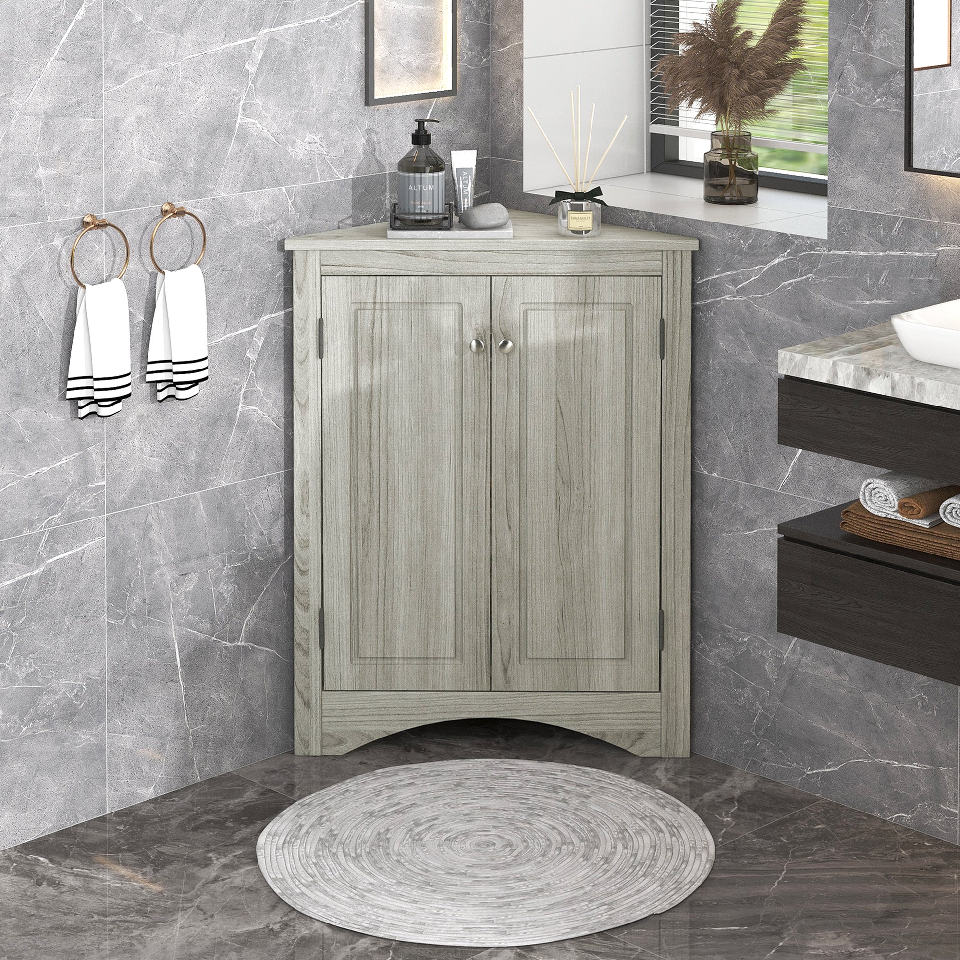 Oak Triangle Bathroom Storage Cabinet with Adjustable Shelves, Freestanding Floor Cabinet for Home Kitchen(Old SKU:WF291467AAL) image 2