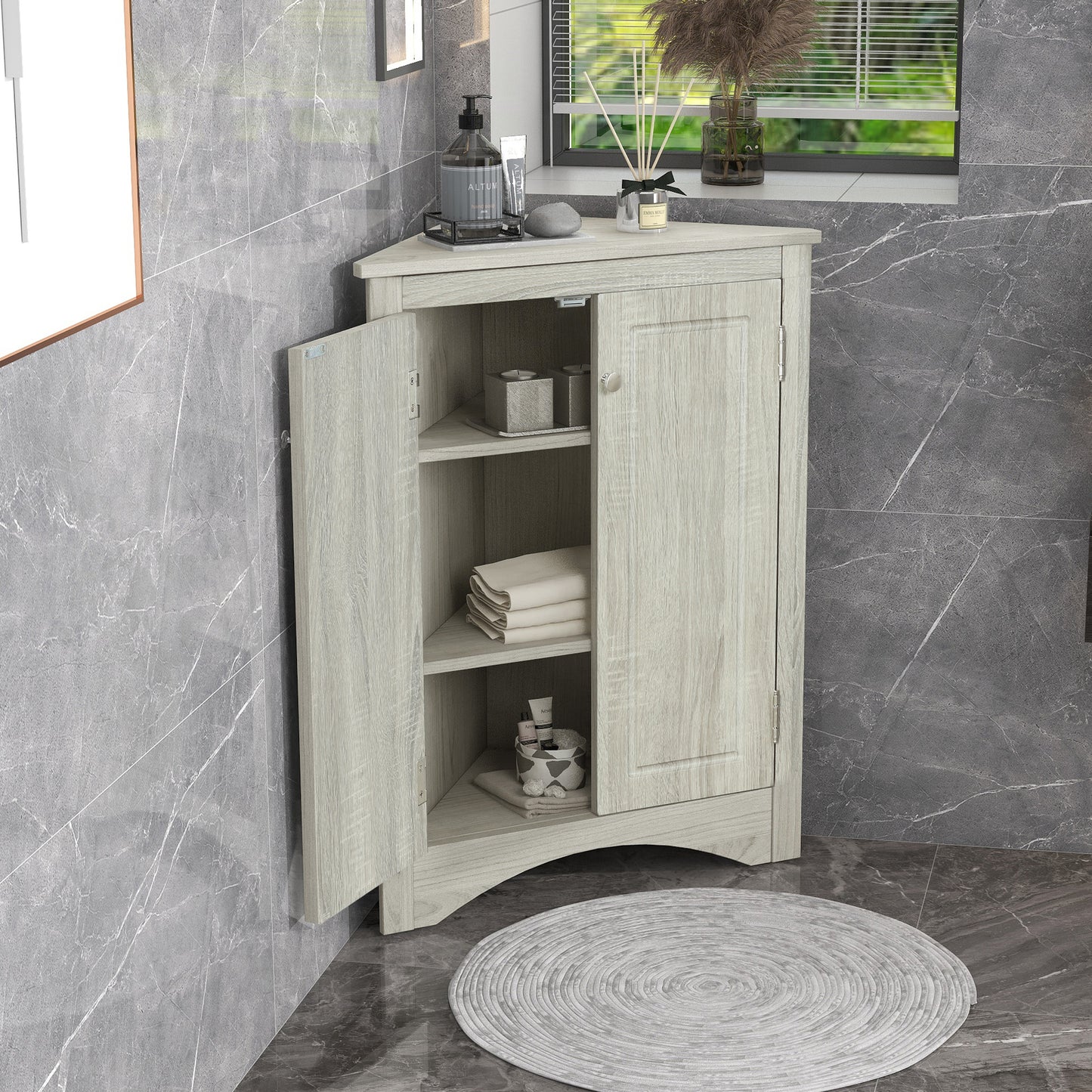 Oak Triangle Bathroom Storage Cabinet with Adjustable Shelves, Freestanding Floor Cabinet for Home Kitchen(Old SKU:WF291467AAL) image 3