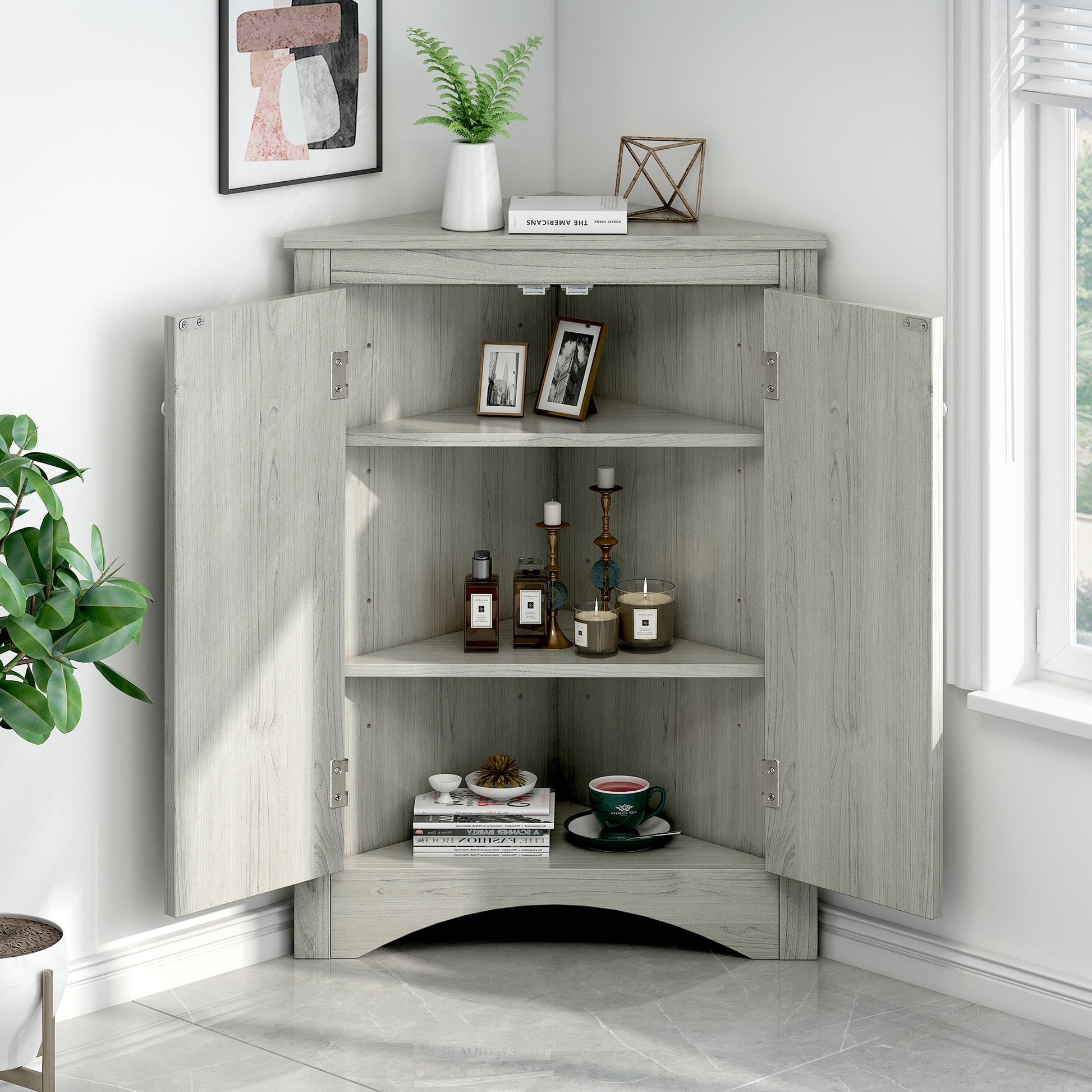 Oak Triangle Bathroom Storage Cabinet with Adjustable Shelves, Freestanding Floor Cabinet for Home Kitchen(Old SKU:WF291467AAL) image 5