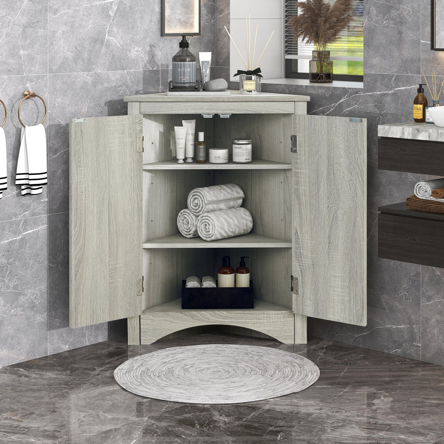 Oak Triangle Bathroom Storage Cabinet with Adjustable Shelves, Freestanding Floor Cabinet for Home Kitchen(Old SKU:WF291467AAL) image 1