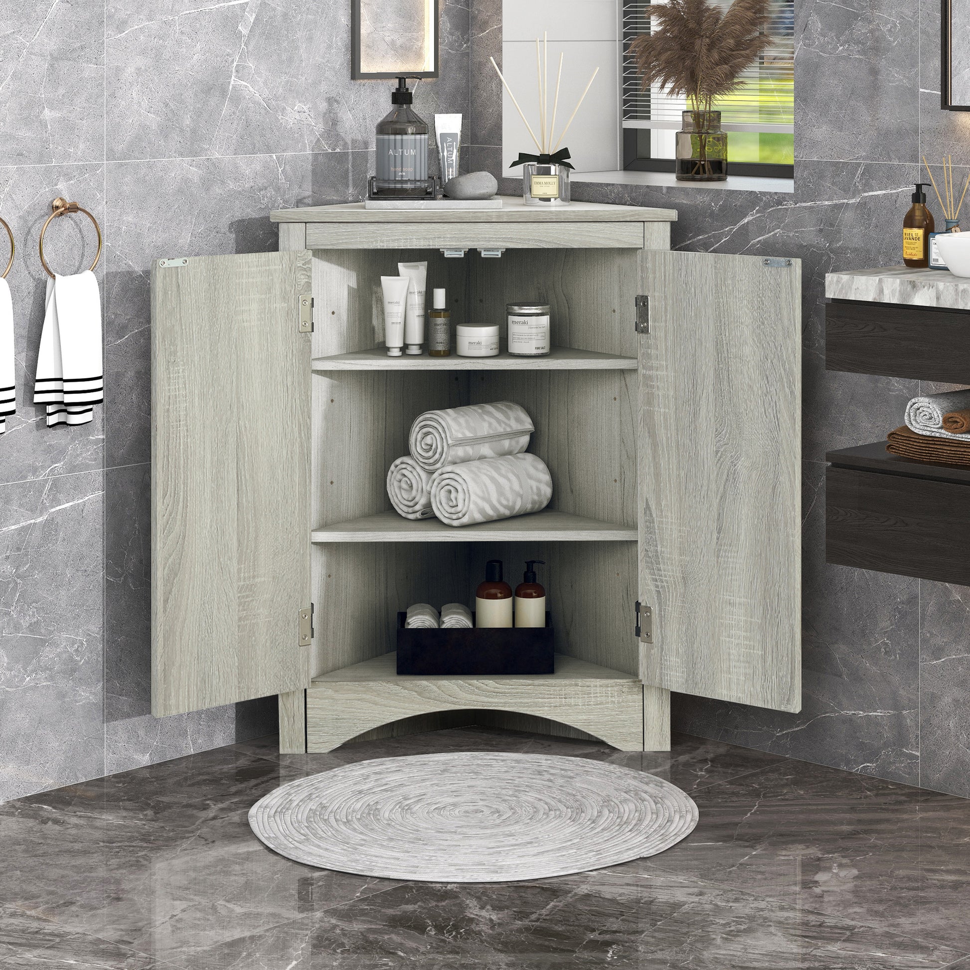 Oak Triangle Bathroom Storage Cabinet with Adjustable Shelves, Freestanding Floor Cabinet for Home Kitchen(Old SKU:WF291467AAL) image 1