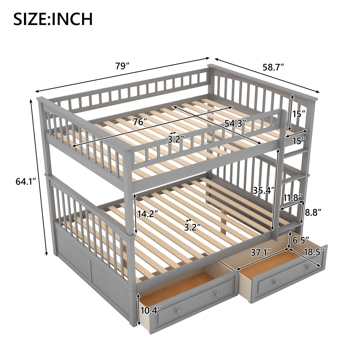 Full over Full Bunk Bed with Drawers, Convertible Beds, Gray(OLD SKU:SM000241AAE-1) image 5