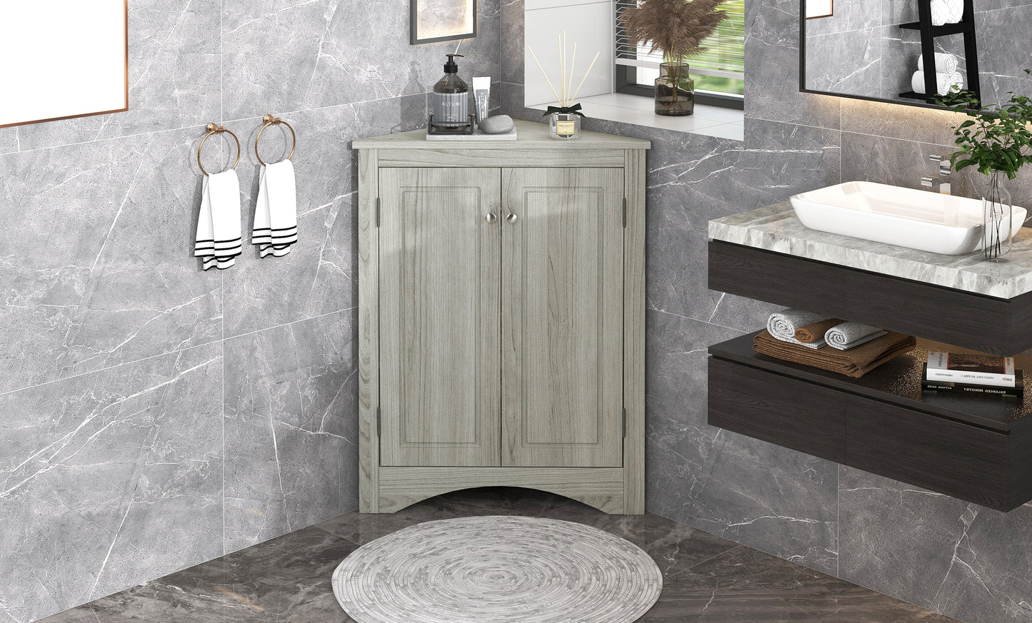 Oak Triangle Bathroom Storage Cabinet with Adjustable Shelves, Freestanding Floor Cabinet for Home Kitchen(Old SKU:WF291467AAL) image 8