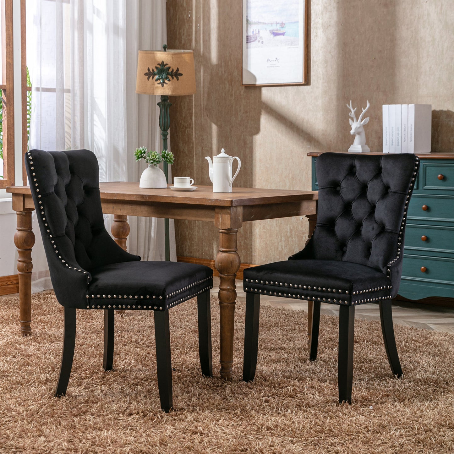 Nikki Collection Modern, High-end Tufted Solid Wood Contemporary Velvet Upholstered Dining Chair with Wood Legs Nailhead Trim 2-Pcs Set, Black, SW2001BK image 1