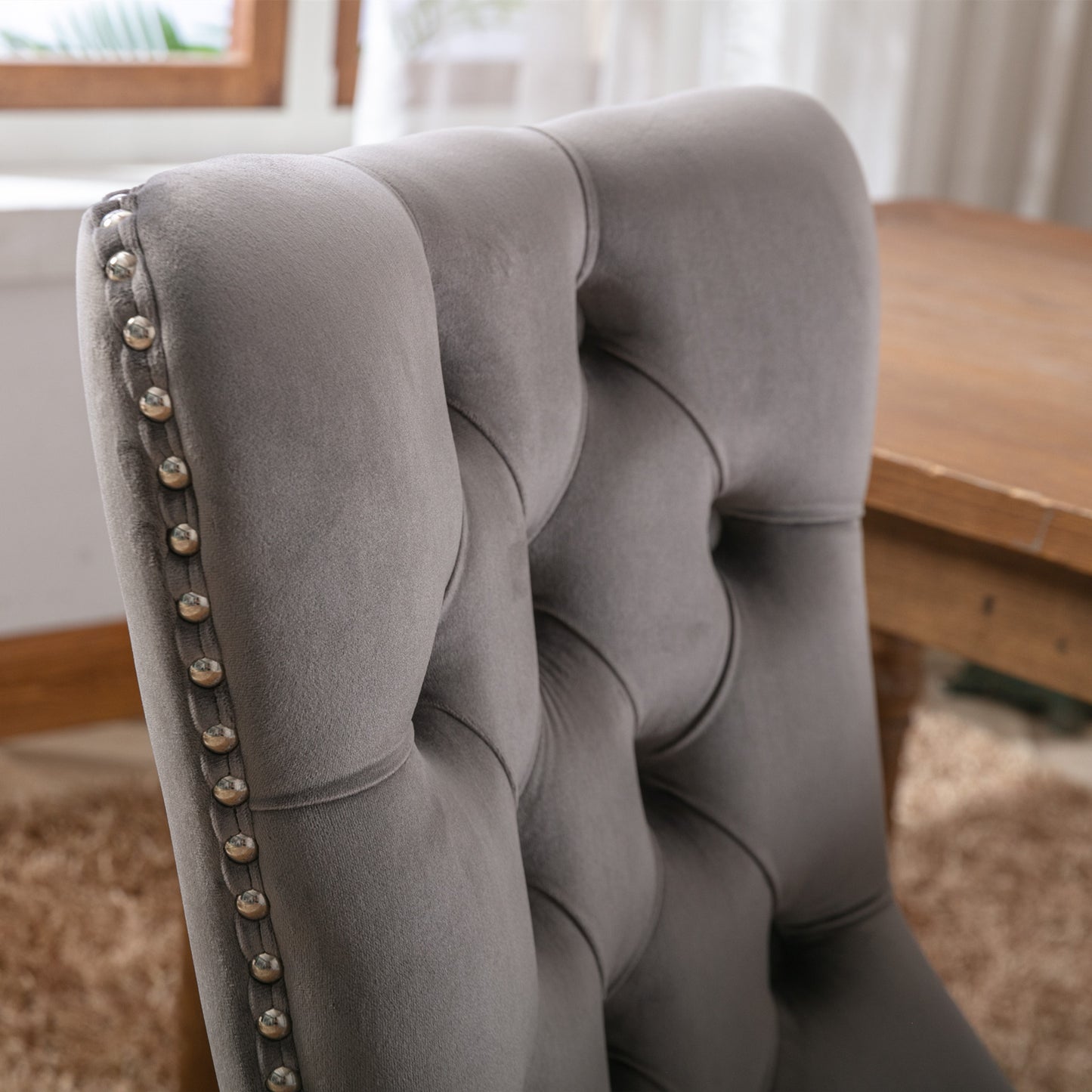 Nikki Collection Modern, High-end Tufted Solid Wood Contemporary Velvet Upholstered Dining Chair with Wood Legs Nailhead Trim 2-Pcs Set,Gray, SW2001GY image 8