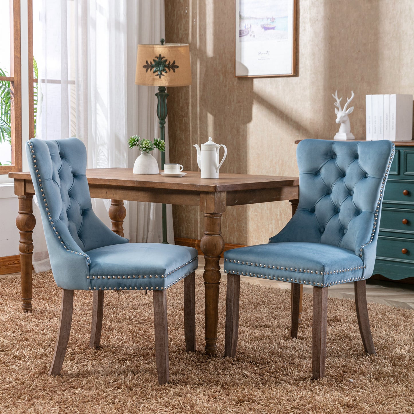 Nikki Collection Modern, High-end Tufted Solid Wood Contemporary Velvet Upholstered Dining Chair with Wood Legs Nailhead Trim 2-Pcs Set,Light Blue, SW2001LB image 1