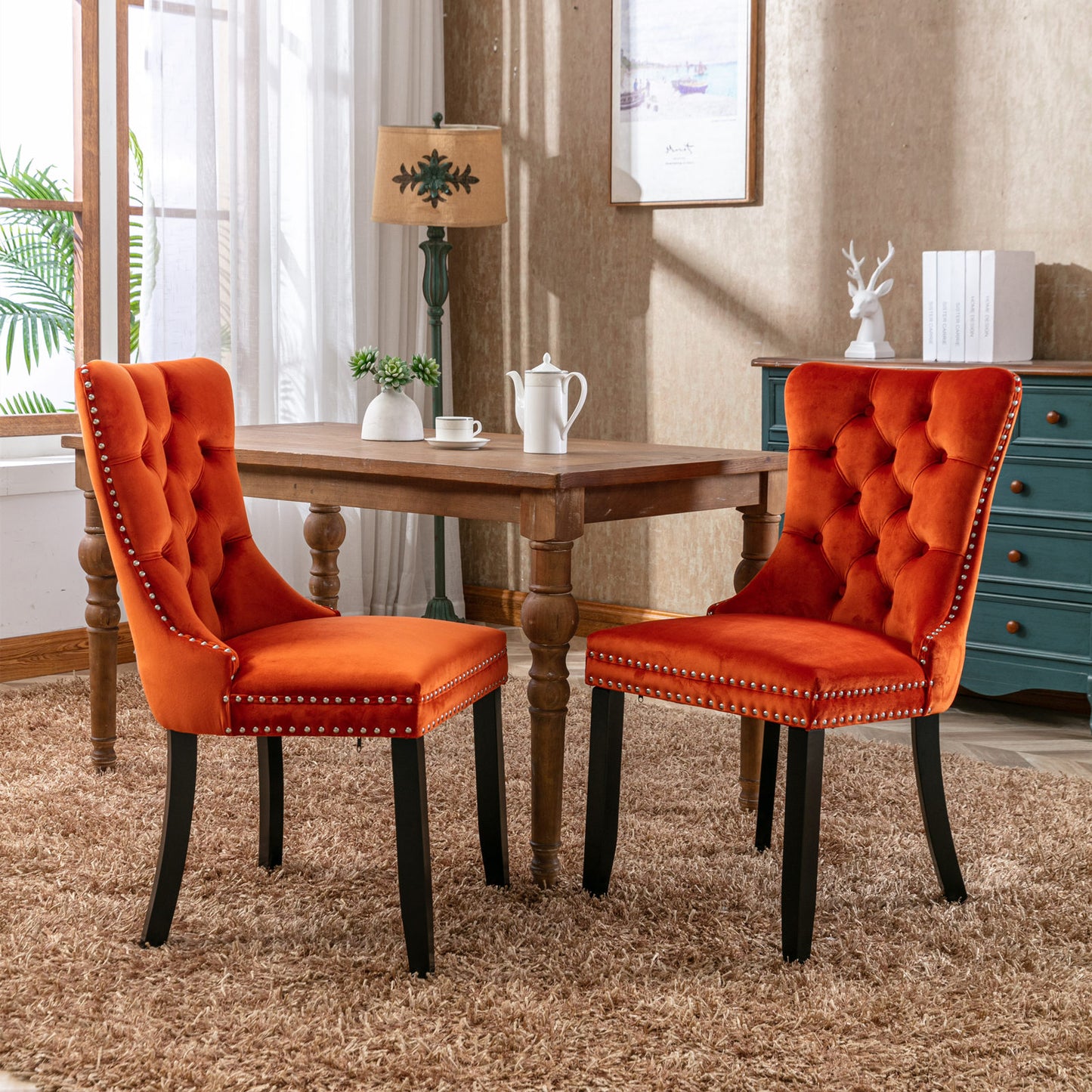 Nikki Collection Modern, High-end Tufted Solid Wood Contemporary Velvet Upholstered Dining Chair with Wood Legs Nailhead Trim 2-Pcs Set, Orange, SW2001OG image 1