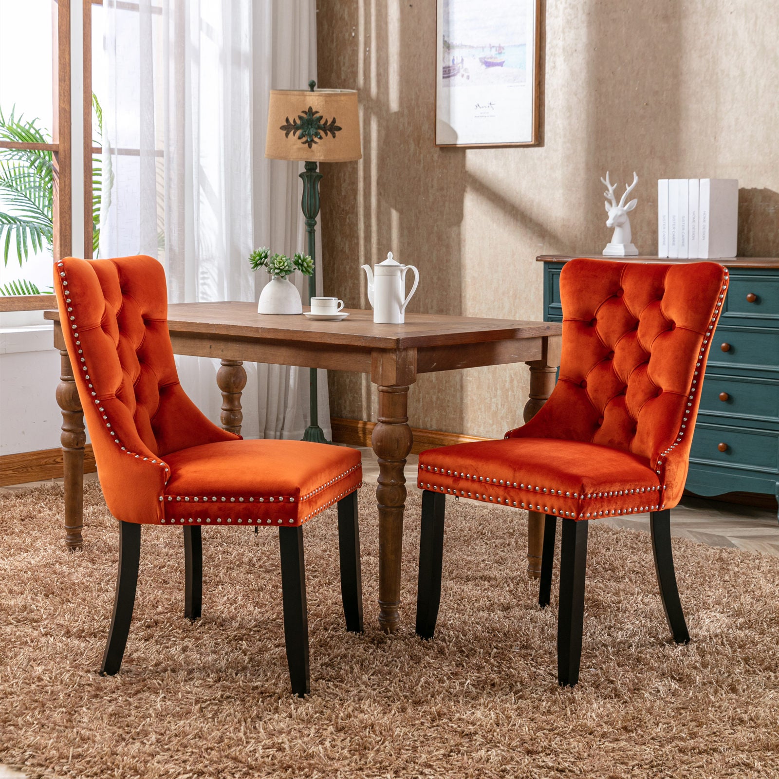 Nikki Collection Modern, High-end Tufted Solid Wood Contemporary Velvet Upholstered Dining Chair with Wood Legs Nailhead Trim 2-Pcs Set, Orange, SW2001OG image 1
