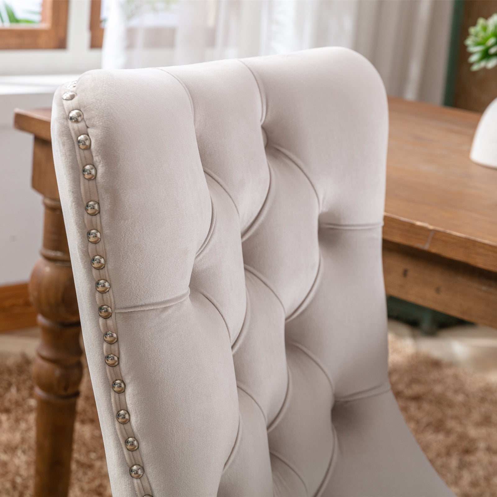 Nikki Collection Modern, High-end Tufted Solid Wood Contemporary Velvet Upholstered Dining Chair with Wood Legs Nailhead Trim 2-Pcs Set,Beige, SW2001BG image 8
