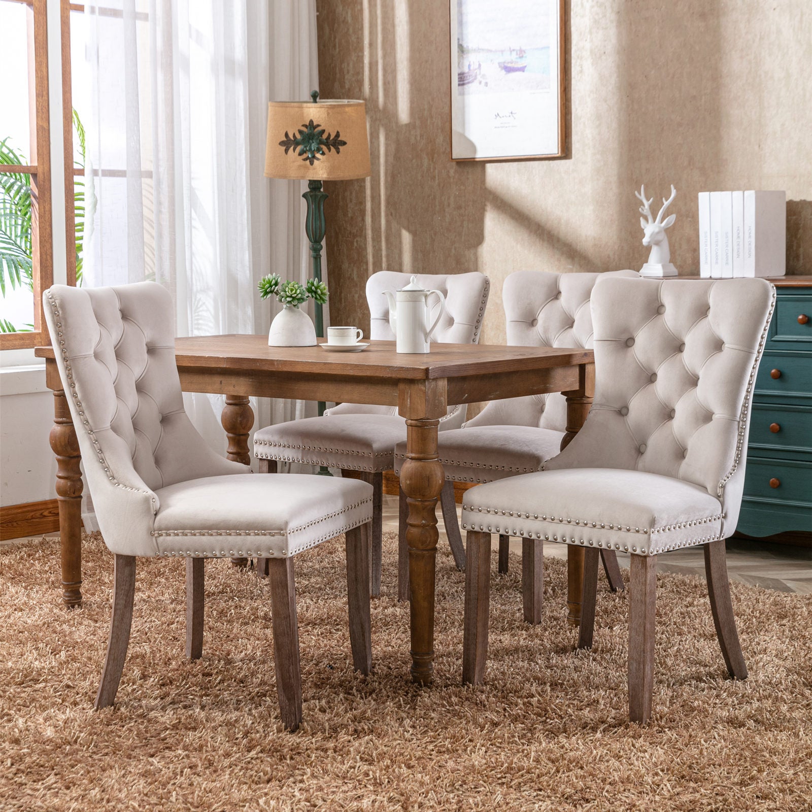 Nikki Collection Modern, High-end Tufted Solid Wood Contemporary Velvet Upholstered Dining Chair with Wood Legs Nailhead Trim 2-Pcs Set,Beige, SW2001BG image 12