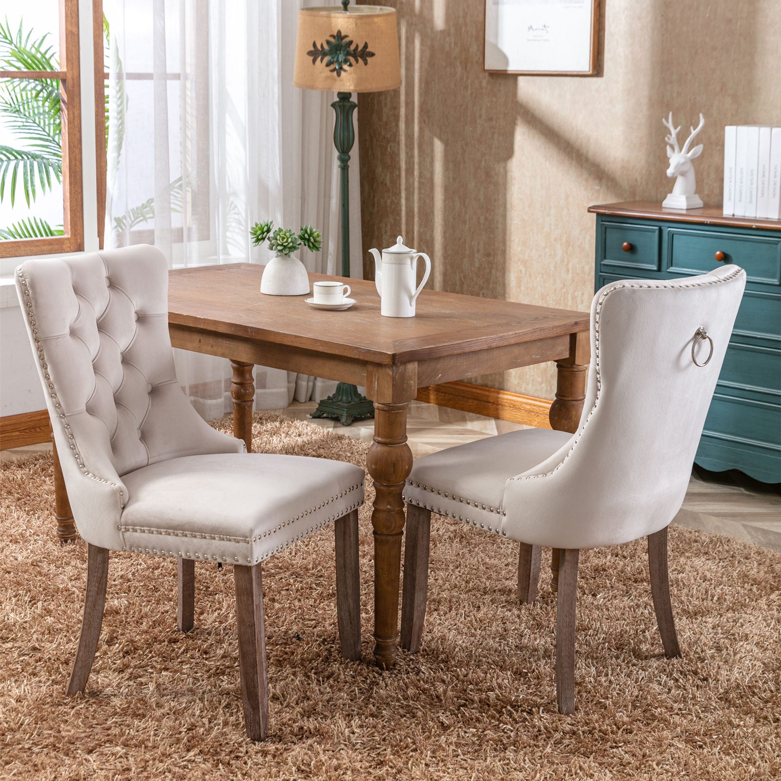 Nikki Collection Modern, High-end Tufted Solid Wood Contemporary Velvet Upholstered Dining Chair with Wood Legs Nailhead Trim 2-Pcs Set,Beige, SW2001BG image 11