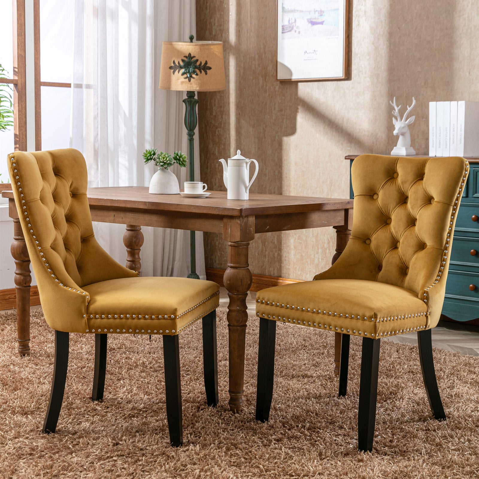 Nikki Collection Modern, High-end Tufted Solid Wood Contemporary Velvet Upholstered Dining Chair with Wood Legs Nailhead Trim 2-Pcs Set,Gloden, SW2001GL image 1