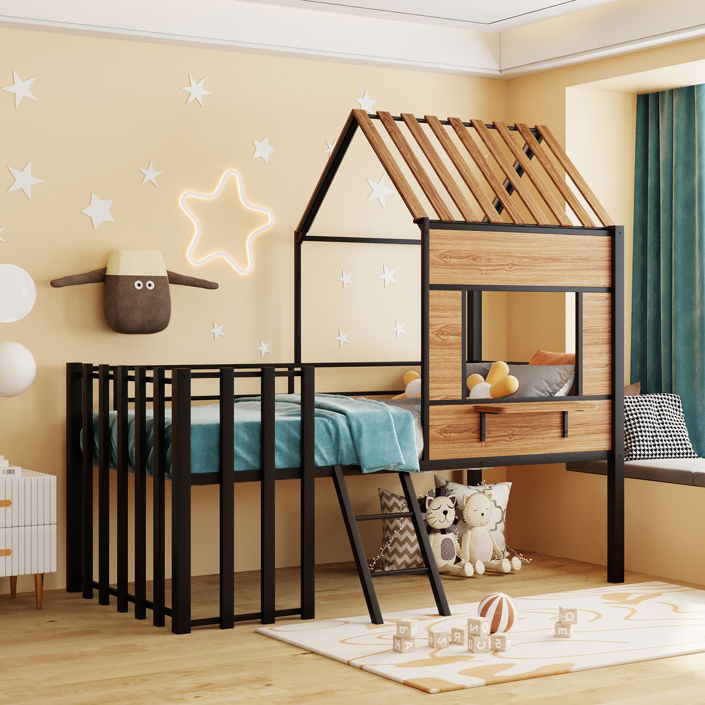 Metal Twin size Loft Bed with Roof, Window, Guardrail, Ladder Black image 1