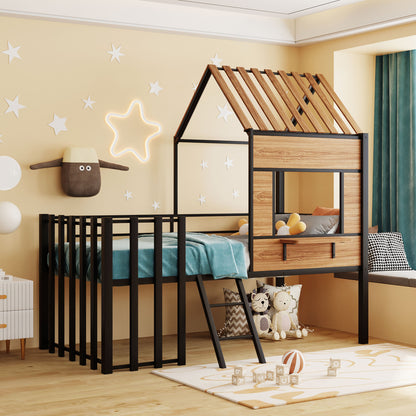 Metal Twin size Loft Bed with Roof, Window, Guardrail, Ladder Black image 1