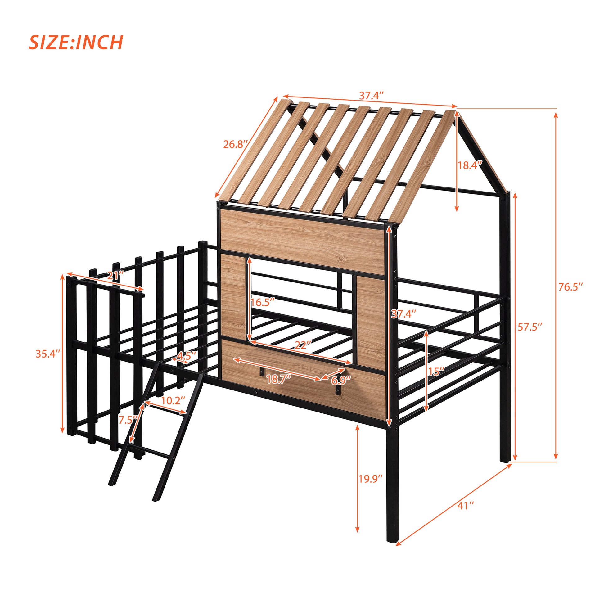 Metal Twin size Loft Bed with Roof, Window, Guardrail, Ladder Black image 7