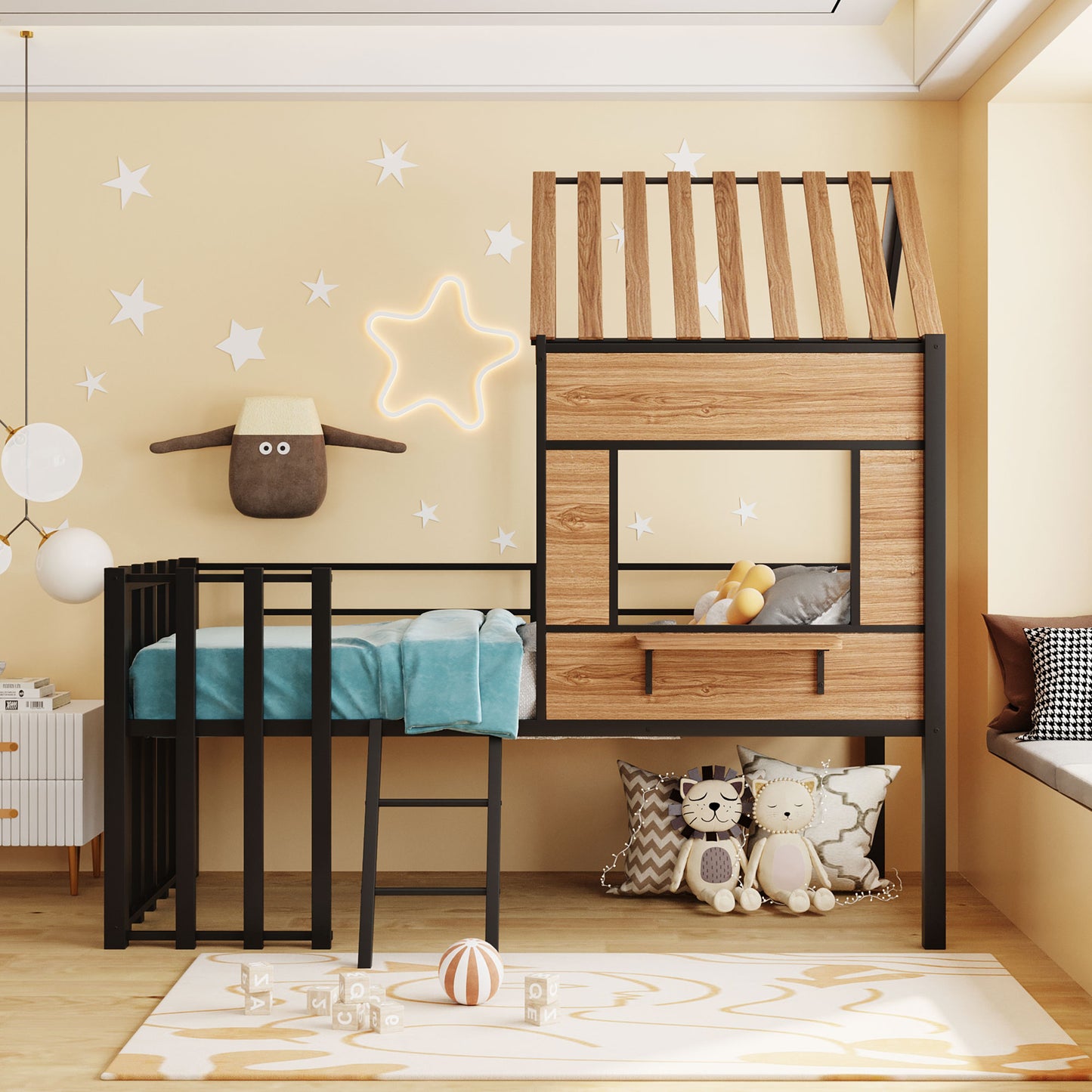 Metal Twin size Loft Bed with Roof, Window, Guardrail, Ladder Black image 2