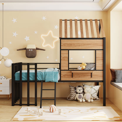 Metal Twin size Loft Bed with Roof, Window, Guardrail, Ladder Black image 2
