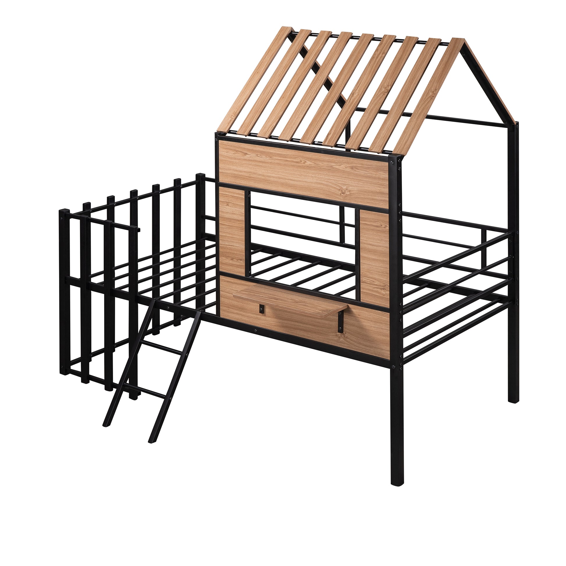Metal Twin size Loft Bed with Roof, Window, Guardrail, Ladder Black image 3