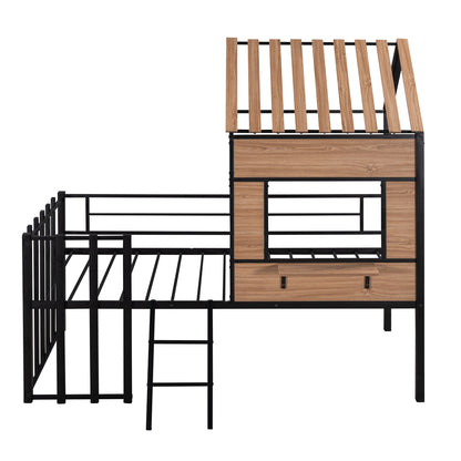 Metal Twin size Loft Bed with Roof, Window, Guardrail, Ladder Black image 4
