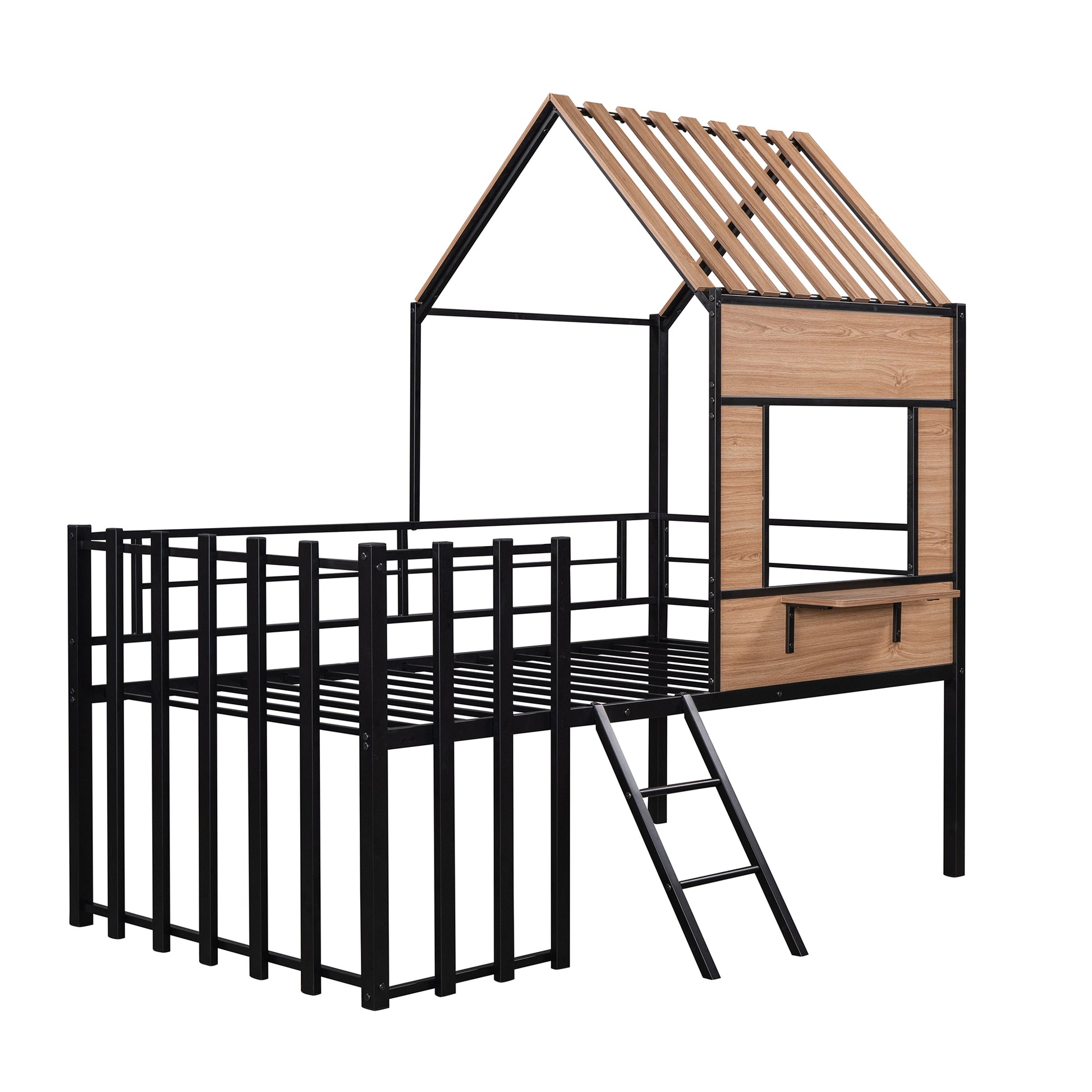 Metal Twin size Loft Bed with Roof, Window, Guardrail, Ladder Black image 6