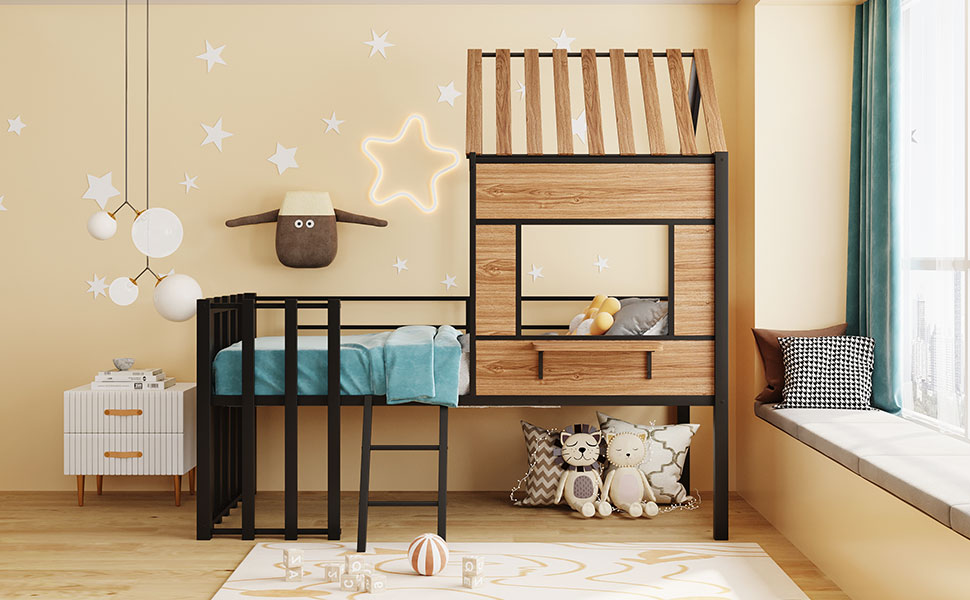 Metal Twin size Loft Bed with Roof, Window, Guardrail, Ladder Black image 10