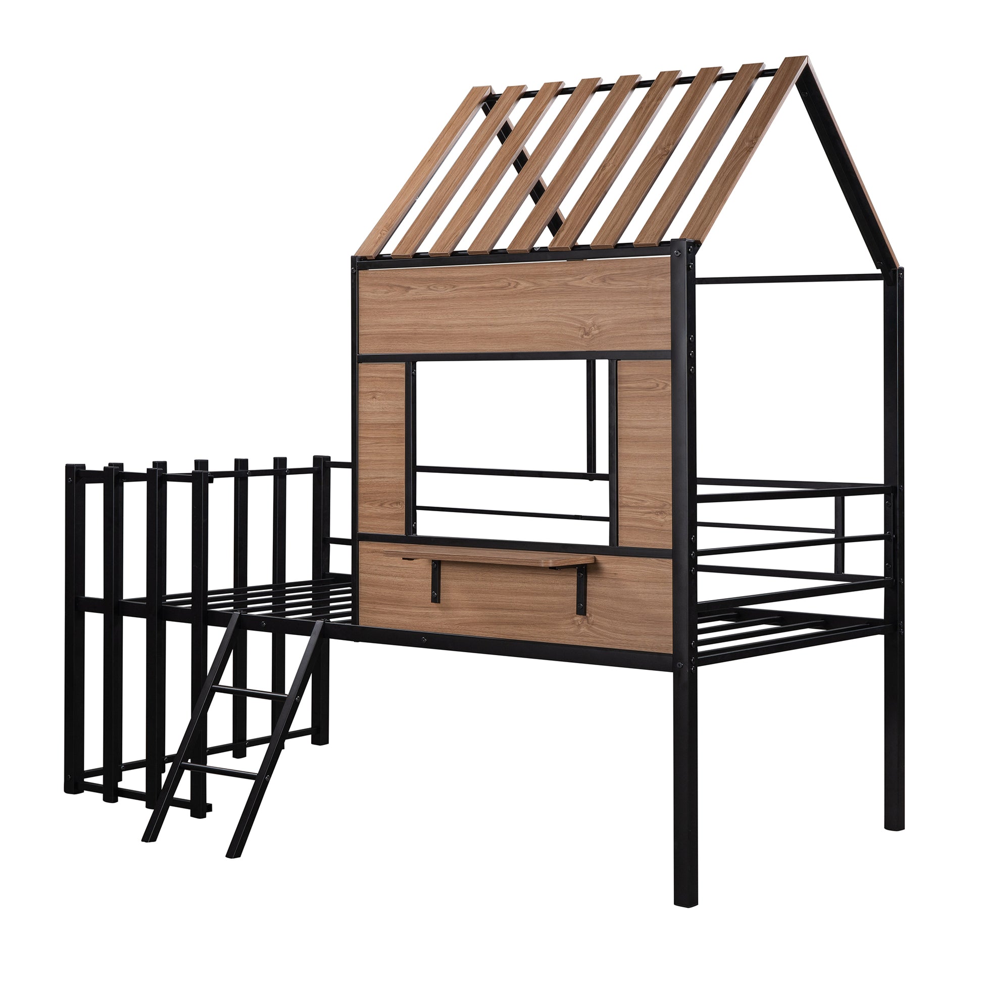 Metal Twin size Loft Bed with Roof, Window, Guardrail, Ladder Black image 5