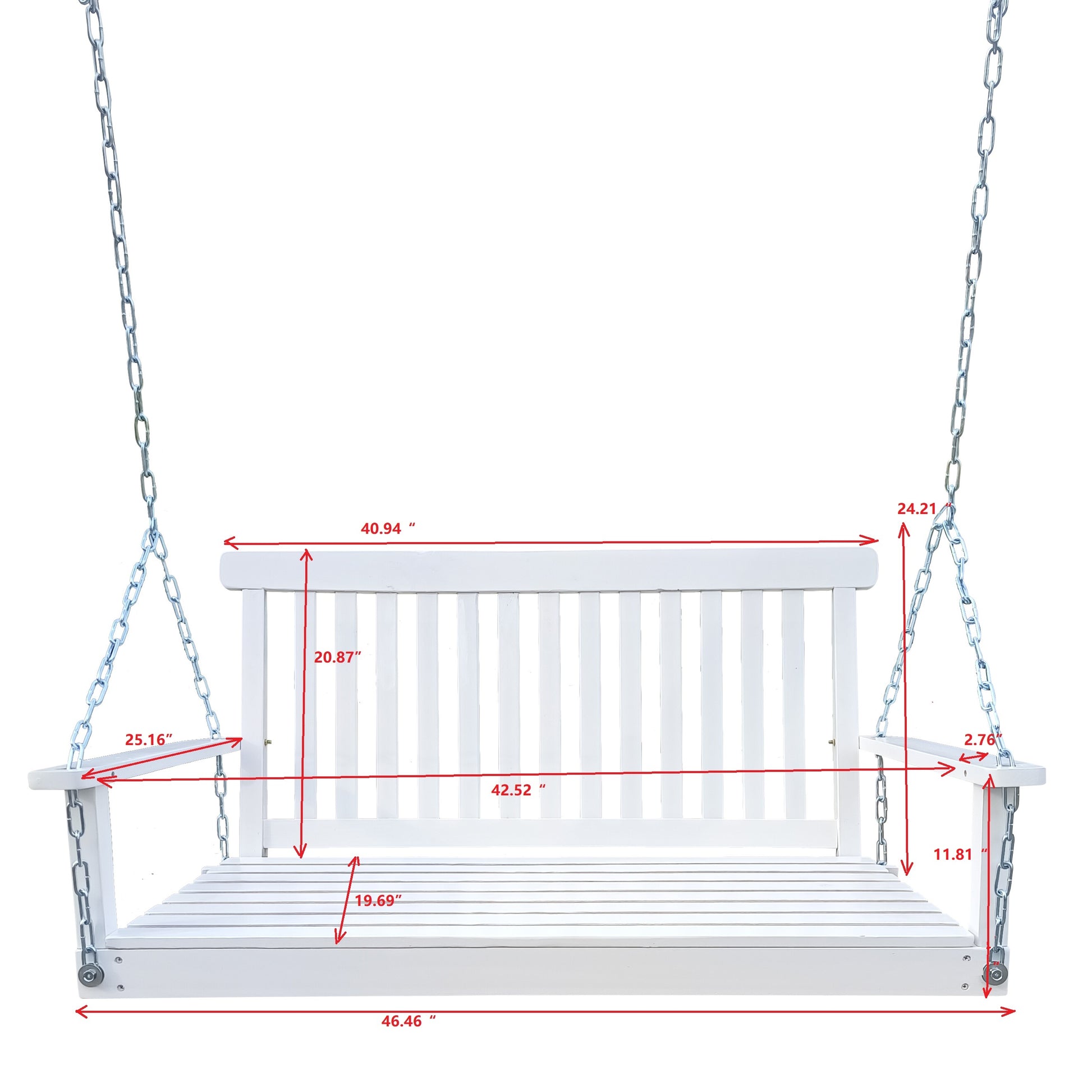 Front Porch Swing with Armrests, Wood Bench Swing with Hanging Chains,for Outdoor Patio,Garden Yard, porch, backyard, or sunroom,Easy to Assemble,white image 8