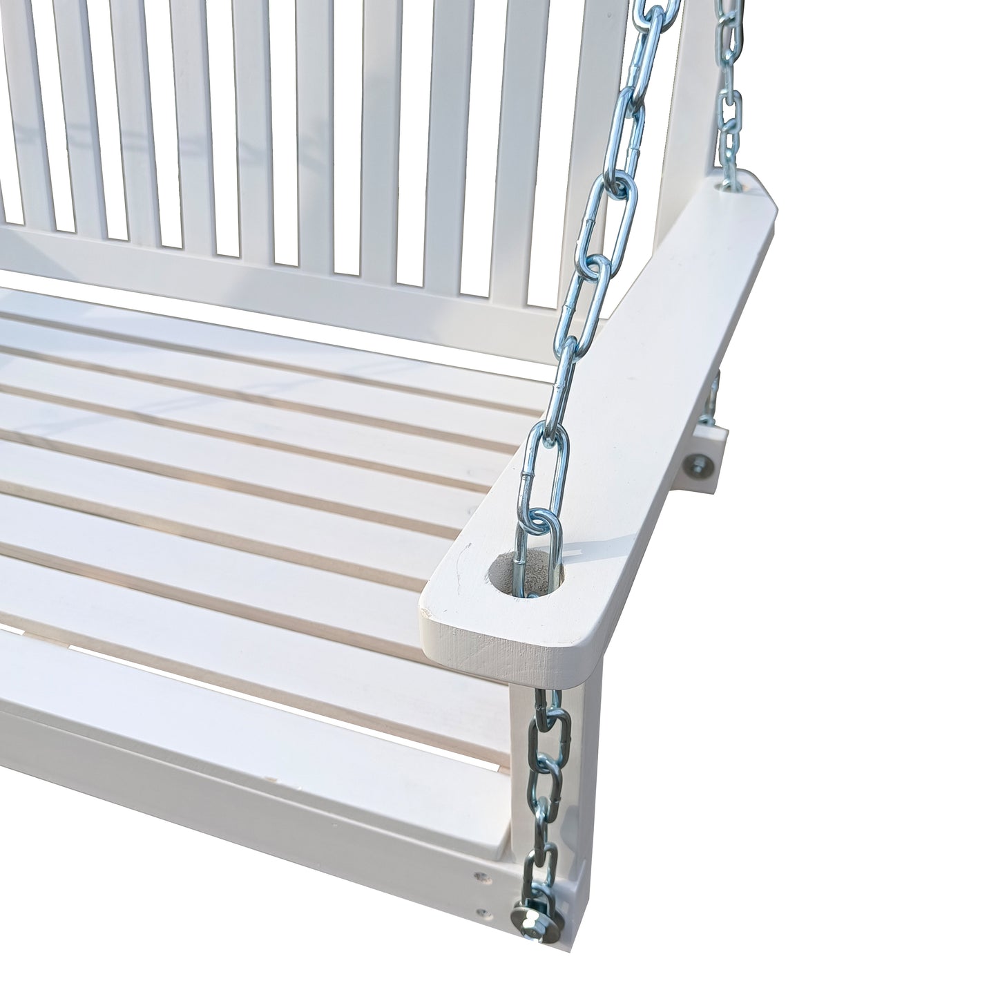 Front Porch Swing with Armrests, Wood Bench Swing with Hanging Chains,for Outdoor Patio,Garden Yard, porch, backyard, or sunroom,Easy to Assemble,white image 6