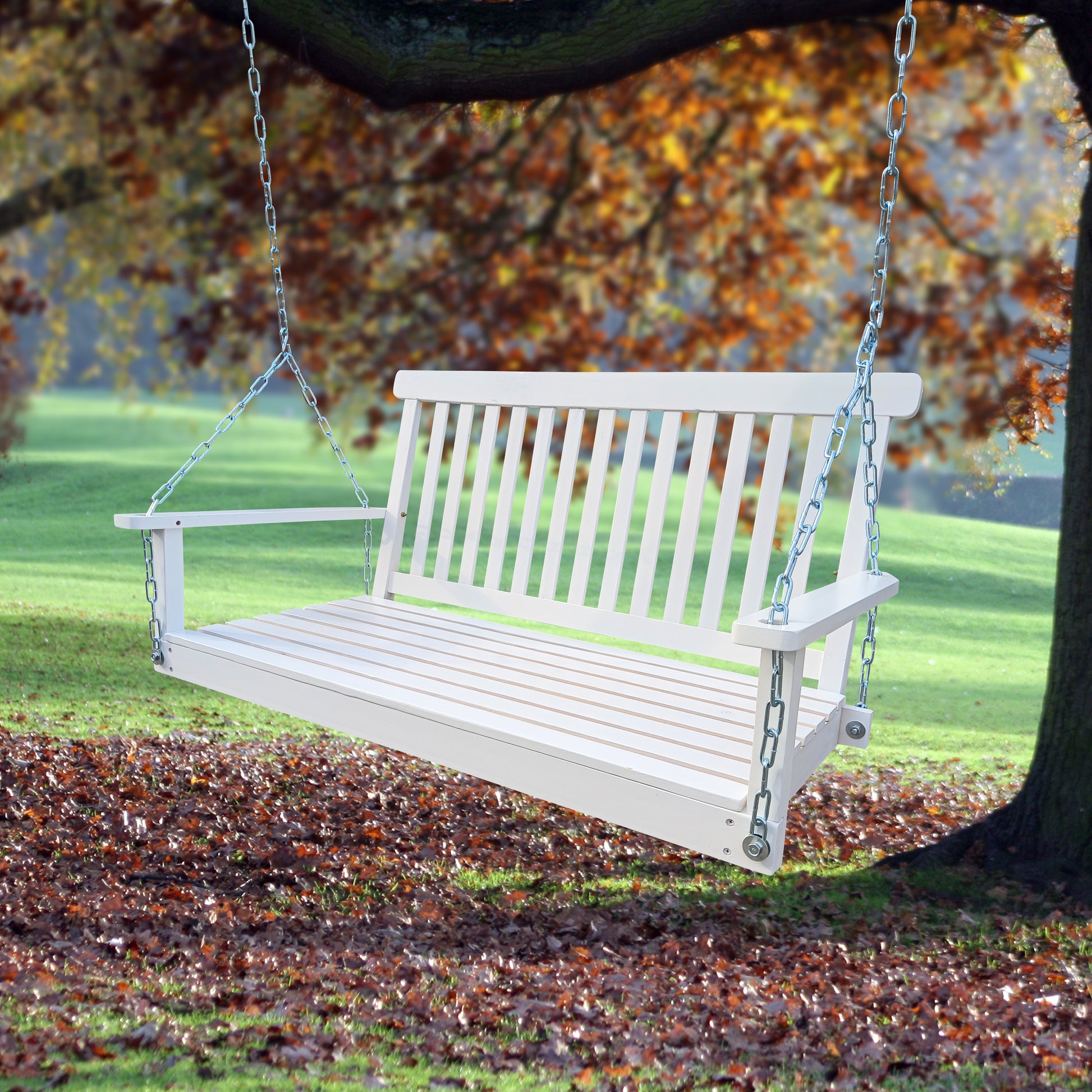 Front Porch Swing with Armrests, Wood Bench Swing with Hanging Chains,for Outdoor Patio,Garden Yard, porch, backyard, or sunroom,Easy to Assemble,white image 1